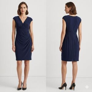 NWT Lauren Ralph Lauren Navy Blue Ruched Faux-Wrap Sheath Dress Women's Size 12